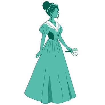 A teal woman in a Victorian-era costume is standing gracefully, her dress adorned with intricate lace and ruffles. Her elaborate updo features delicate curls cascading down the sides of her face, framing her features elegantly. The gown has puffed sleeves and a long flowing skirt that drapes elegantly to the floor. She holds a small white fan delicately in one hand, adding to her poised demeanor. The scene captures the essence of Victorian fashion through the details of her outfit and hairstyle.