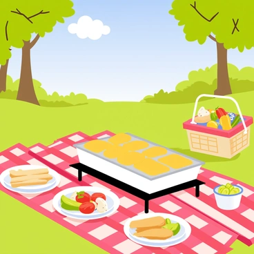 A sunny outdoor picnic scene with a red and white checkered blanket spread on the grass. A portable raclette grill is set up on the blanket, with melted cheese bubbling in small pans. Around the grill, there are various colorful vegetables such as red bell peppers, zucchini, and mushrooms, ready to be cooked. Several plates of sliced baguette and a small bowl of pickles are placed nearby. The sky is clear blue with a few fluffy white clouds. In the background, there are green trees providing shade and a picnic basket filled with fruits and drinks.