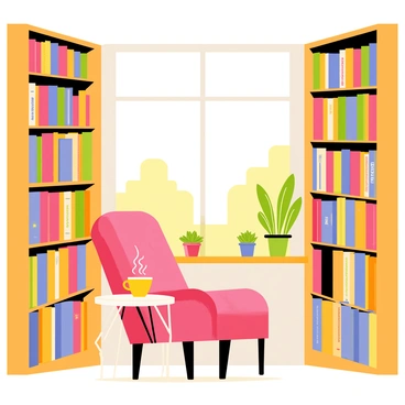A cozy bookstore nook featuring tall wooden shelves filled with colorful books. The shelves showcase various genres, with titles in bright spines. In the corner, there is a comfortable reading chair upholstered in soft, warm fabric. The chair is positioned next to a large window that allows sunlight to stream in, illuminating the space. A small round table next to the chair holds a steaming cup of tea and a pair of reading glasses. A few potted plants are placed on the window sill, adding a touch of greenery to the nook.