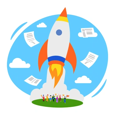 A sleek rocket is launching into the sky, leaving behind a trail of smoke and flame. The rocket's body is shiny silver with bold, colorful stripes. Surrounding the rocket are floating "CPF documents" depicted as paper sheets, caught in the thrusters' fiery propulsion. The background features a bright blue sky with fluffy white clouds, and the ground below shows a launch pad with cheering spectators waving flags in excitement.