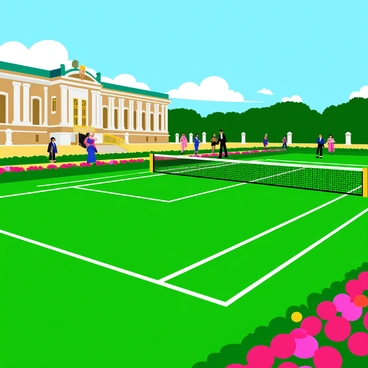 An opulent tennis court within a palace garden, featuring lush green grass with immaculate white lines marking the court boundaries. Surrounding the court are meticulously trimmed hedges and vibrant flower beds filled with colorful blossoms. Elegant royal symbols are integrated into the net and court design, displayed prominently in gold accents. In the background, a grand palace can be seen with intricate architecture and towering columns, while a clear blue sky overhead enhances the scene. The atmosphere is lively, with spectators dressed in formal attire enjoying the game.