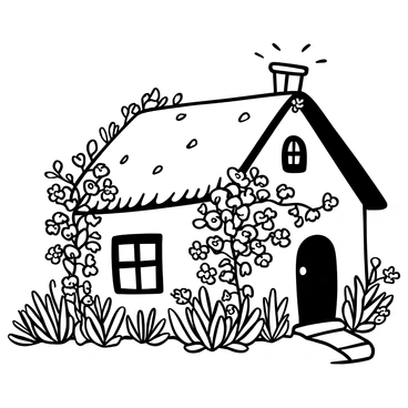 A quaint cottage with a thatched roof is surrounded by lush vegetation. The cottage walls are partially hidden by an abundance of blooming honeysuckle vines that climb and cascade down. Sunlight filters through the leaves, creating dappled shadows on the ground. There is a wooden door with a small window, and a stone pathway leads up to the entrance. Garden flowers of various shapes and sizes are scattered around the cottage, adding to the charm of the scene.