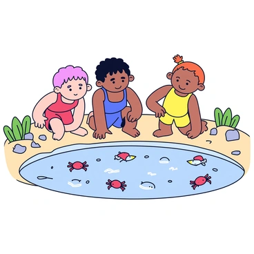 A group of three kids, two boys and one girl, crouches down by a tidal pool. They are wearing colorful swimsuits, one boy in a red swimsuit, the other in blue, and the girl in yellow. The tidal pool is filled with clear water, revealing various small crabs scuttling along the sandy bottom and tiny fish swimming gracefully. The kids are leaning forward, their faces expressing curiosity and excitement as they watch the marine life. Sunlight reflects off the water, creating shimmering patterns. In the background, there are smooth rocks and patches of green seaweed.