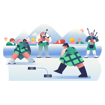 A traditional curling event is taking place on a smooth, icy surface. Several players, wearing plaid kilts in shades of green and blue, are focused on their game. One player is crouched low, sliding a heavy stone across the ice with precision. In the background, a pair of bagpipe musicians, dressed in classic Scottish attire, are playing lively tunes, adding to the festive atmosphere. The crowd surrounding the rink is engaged, some waving small flags. Snow-covered mountains are visible in the distance, completing the scene.