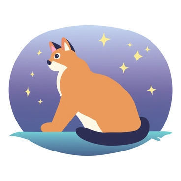 A caracal with a sleek, tawny coat is blending into the twilight shadows. Its distinctive tufted ears are perked up, alert to the sounds of the surrounding environment. The background features a gradient of deep purples and blues as the sky transitions into twilight. Stars are beginning to appear in the sky, twinkling softly against the deepening night. The silhouette of the caracal is partly obscured by the shadows, highlighting its stealthy nature in this serene landscape.