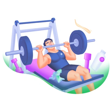 A modern pastel illustration depicting an athlete in a gym setting, intensely focused while performing a chest press. The athlete is a muscular individual, wearing a fitted tank top and shorts, with sweat glistening on their forehead. They are lying on a bench with heavy weights on each side of the barbell. The scene captures the strain in their expression and the tension in their arms and chest as they push the weights upward. Surrounding the bench are various gym equipment, such as dumbbells, a water bottle, and a towel, adding to the dynamic atmosphere of the workout.