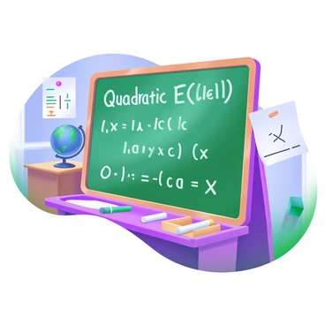 An old-fashioned classroom blackboard filled with various "quadratic equations" written in white chalk. There are additional "notes" scattered around, including formulas and graphs. The blackboard has a wooden frame, and there is a chalk tray at the bottom. Two pieces of chalk, one white and one colored, rest on the tray. The room has an atmosphere of learning, with a vintage desk and a globe in the background.