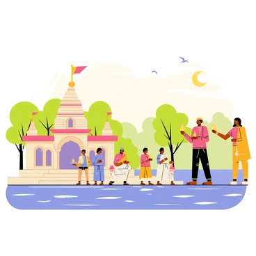 Devotees gathered at a riverside temple during the early morning hours. The temple features ornate architecture with colorful decorations and vibrant flags fluttering in the gentle breeze. A group of devotees, dressed in traditional attire, are seen holding small oil lamps that emit a warm glow. The river reflects the soft morning light, creating shimmering patterns on the water's surface. In the background, lush greenery enhances the serene environment while a few birds can be seen soaring in the sky. The scene is infused with a sense of devotion and tranquility.