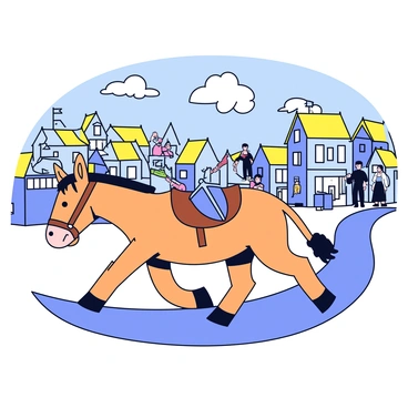 A donkey with a light brown coat is walking through a medieval village. The donkey is carrying a wooden saddle adorned with various knight's equipment, including a shiny helmet, a sword in a scabbard, and a small shield. The village features stone buildings with thatched roofs, and a cobblestone path winding through it. A few villagers can be seen in the background, engaged in their daily activities. The sky above is clear with a few fluffy clouds.