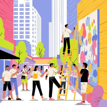 An artist is standing on a ladder, painting a large mural on a brick wall. The mural features a colorful scene with abstract shapes and bright patterns. Surrounding the artist, there are various tourists taking pictures and admiring the mural. Some tourists are holding cameras and others are pointing at the artwork with expressions of amazement. The vibrant New York City neighborhood is filled with tall buildings, street vendors, and greenery, creating a lively atmosphere. The sky is a clear blue, and people are dressed in casual summer clothing, contributing to the bustling city vibe.