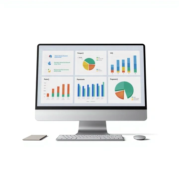 A digital dashboard displayed on a sleek computer monitor. The screen features various life insurance statistics and colorful graphs. There are pie charts with percentages representing different types of coverage, bar graphs showing trends over time, and line charts illustrating policy growth. The background of the dashboard is a light blue with grid lines, and there are interactive buttons and tabs neatly arranged along the edges of the screen. The workspace around the monitor includes a modern desk with a keyboard and a notepad.