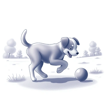 A playful puppy is in a grassy park, its tail wagging enthusiastically. The puppy, with its fluffy fur and bright eyes, is centered in the scene, energetically running towards a round ball. The ball is depicted as a solid shape, clearly recognizable as a toy. Surrounding the puppy are patches of grass and a few trees in the distance, contributing to the park setting. The sunlight casts soft shadows on the ground, enhancing the lively atmosphere of the scene.