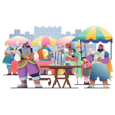 A bustling medieval market scene is depicted with various merchants selling an array of swords and armor. In the foreground, a merchant with a long beard is displaying gleaming swords on a wooden table, while another merchant is showcasing intricately detailed armor pieces behind him. Colorful tents and awnings provide shade, and customers can be seen examining the goods. There are people in period-appropriate clothing, including tunics and cloaks, engaging in lively discussions and bargaining. In the background, the stone architecture of nearby buildings adds to the historical atmosphere, while a vibrant tapestry of colors fills the market.