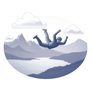A skydiver in a jumpsuit is free-falling through the air with arms spread wide. Below, a vast landscape unfolds, showcasing rugged mountains with jagged peaks and rolling hills. The scene features a serene lake, reflecting the mountains above. White clouds float in the sky, adding depth to the atmosphere. The motion of the skydiver creates a dynamic sense of movement in this expansive outdoor environment.