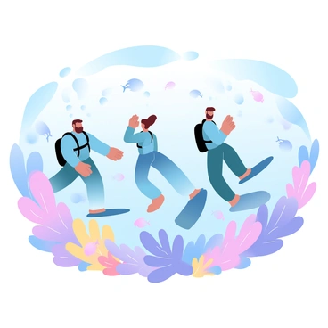 A group of divers is exploring a vibrant coral reef underwater. The divers are wearing wetsuits and scuba gear, with air tanks strapped to their backs. Surrounding them, the reef is abundant with a variety of colorful corals in shades of pink, purple, and yellow. Small fish of different species and colors dart among the corals, adding movement to the scene. Sunlight filters down from the surface, creating a shimmering effect that dances across the underwater landscape. Bubbles rise from the divers as they navigate through this enchanting marine environment.