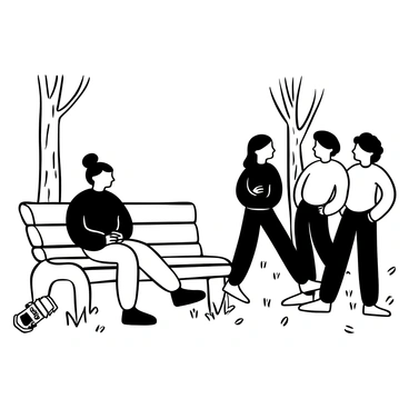 A person sitting on a park bench with their hands resting on their lap. The bench is made of wood with a simple design. Nearby, a group of individuals stands together, animatedly engaged in conversation. There are trees in the background with detailed bark and branches extending overhead. The ground is covered with scattered leaves and grass. A small, discarded soda can lies on the grass nearby, adding a touch of realism to the scene.