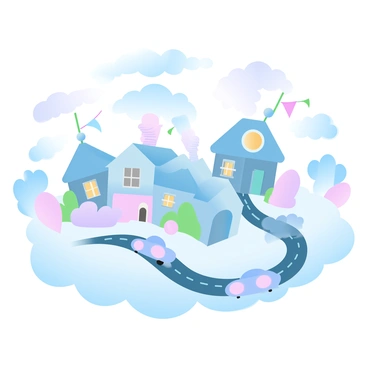 A bustling town on a cloud with small cloud houses and cloud cars