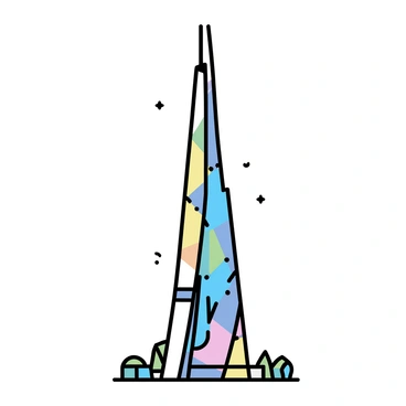 A towering alien skyscraper, made of translucent materials, stands majestically against a clear sky. The structure features sharp, angular lines and an intricate facade that reflects a spectrum of rainbow colors. The base of the skyscraper is wider, tapering as it rises, creating an impression of height. Sunlight glints off the surface, casting colorful reflections on the ground below. The surrounding area is minimalistic, emphasizing the grandeur and uniqueness of the skyscraper.