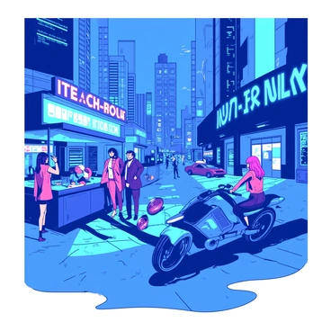 A blue-lit street is filled with various futuristic characters, each dressed in vibrant apparel that reflects the cyberpunk aesthetic. Neon signs illuminate the surroundings, casting dynamic shadows on the wet pavement. A group of individuals stands near a stall selling tech gadgets, while a couple of humanoid robots walk by, exchanging glances with a girl with bright pink hair. In the background, towering skyscrapers rise, their surfaces covered with glowing advertisements in different shades. A motorcycle with sleek design zooms past, leaving a trail of light.