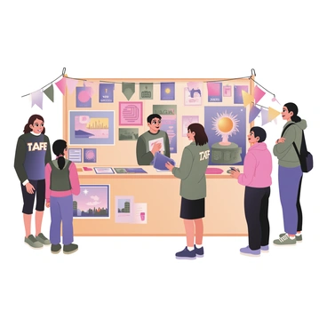A digital flat illustration of a TAFE booth at an art festival. The booth is made of wooden panels and is adorned with colorful banners featuring the TAFE logo. Displayed prominently on the booth are various student artworks, including paintings, sculptures, and multimedia pieces. There are course brochures neatly arranged on a small table, showcasing different courses offered. A friendly TAFE representative stands behind the booth, wearing a TAFE-branded shirt and engaging with festival attendees. Several visitors, including a family with children, are admiring the artwork and discussing the courses available. Bright festival decorations and other booths can be seen in the background, adding to the lively atmosphere of the event.