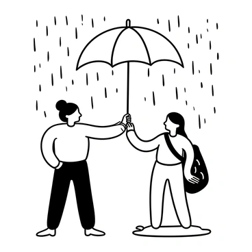 A person holding a large umbrella over a stranger who is standing in the rain. The rain is depicted as cascading down in vertical lines, creating a textured effect in the background. The person offering the umbrella has a focused posture, extending the handle towards the stranger. The stranger appears surprised but grateful, with posture indicating acceptance of the offer. Puddles form at their feet, reflecting the gray sky above.
