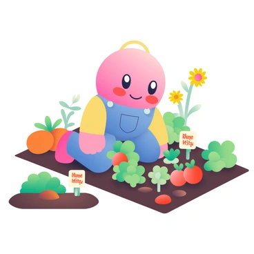 Kirby is wearing blue denim overalls while kneeling in a vibrant vegetable garden. He has a cheerful expression as he carefully tends to the plants. Surrounding Kirby are various vegetables, including bright orange carrots, green leafy lettuce, and ripe red tomatoes. The garden is filled with rich, dark soil and small markers indicating the types of plants. A watering can in a cheerful color is placed nearby, and a small patch of sunflowers is blooming in the background.