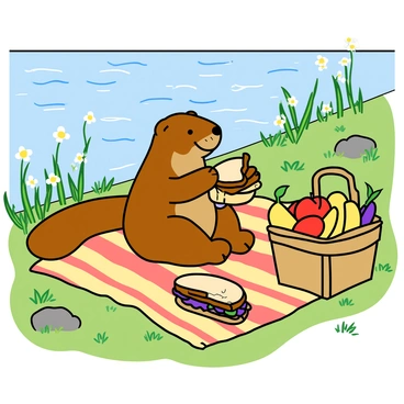 Une loutre mignonne, avec un pelage brun brillant, est assise sur une couverture colorée au bord de la rivière. Elle tient une tranche de sandwich dans ses petites pattes et a un sourire joyeux sur son visage. À côté d'elle, un panier en osier est rempli de fruits colorés comme des pommes rouges, des bananes jaunes et des raisins violets, ainsi que plusieurs mini-sandwiches. Des fleurs sauvages et une légère brise font onduler l'herbe autour d'elle. La rivière scintille au soleil, créant une ambiance joyeuse et amusante.