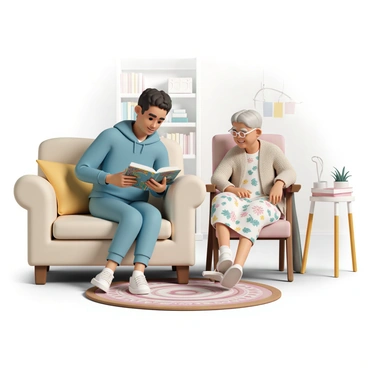 A young person, wearing a blue hoodie and jeans, is sitting on a plush, beige couch, reading a book with colorful illustrations. The book is open, and their finger is pointing to a page as they read aloud. An elderly lady, dressed in a flower-patterned dress and a knitted cardigan, sits nearby in an armchair, leaning forward with a warm smile, her glasses resting on her nose. The living room is decorated with soft lighting, with a bookshelf filled with books in the background and a small table holding a steaming cup of tea. A patterned rug lies on the wooden floor, adding to the cozy atmosphere.