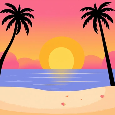 A vibrant sunset with shades of orange, pink, and purple fills the sky above a beach in Goa. The sun is partially submerged on the horizon, casting a warm glow over the shimmering water. Silhouetted against the colorful sky, tall palm trees sway gently in the breeze. Soft, fine sand stretches along the beach, with a few scattered seashells glinting in the fading light. A calm sea reflects the colors of the sunset, creating a tranquil atmosphere.