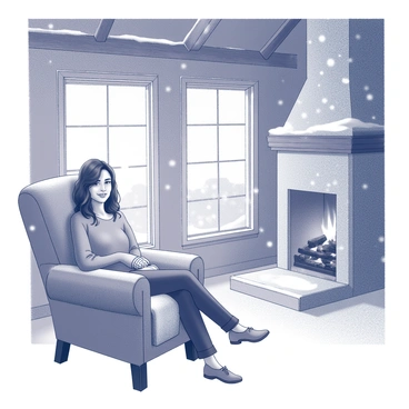 A woman named Sarah is sitting comfortably in a rustic mountain cabin. She is positioned on a wooden chair, with a soft blanket draped over her lap. The cabin features exposed wooden beams and a stone fireplace that adds a cozy atmosphere. Outside the window, large snowflakes are gently falling, blanketing the ground in snow. The interior has a warm glow from the fireplace, and the overall ambiance reflects a peaceful, winter retreat.