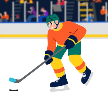 A hockey player in a colorful uniform skating swiftly across a smooth, shiny ice surface. The player is leaning forward, showcasing determination, with one leg extended and the other pushing off the ice. The puck is firmly controlled between the player's stick blade, hovering just above the ice. The background features blurred spectators in the stands, emphasizing the player's speed and focus. The player's helmet reflects bright arena lights, and their breath puffs out in the cold air.