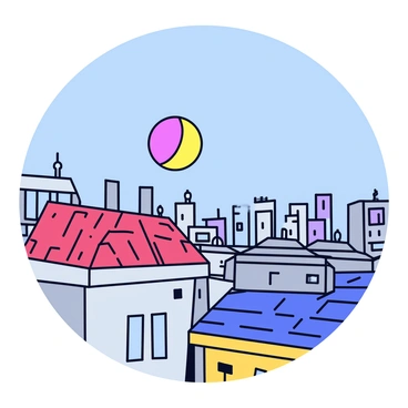 A colorful ball with a glossy surface is bouncing across a series of rooftops. The rooftops vary in color, including shades of gray and brick red, and are lined with antennas and air conditioning units. Below the rooftops, a bustling city can be seen, filled with tall buildings and a clear blue sky overhead. The ball has just left one rooftop, capturing the moment of lift as it prepares to land on another.