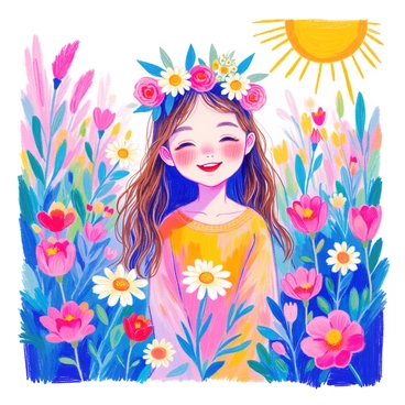 A young girl with long brown hair is wearing a crown made of fresh daisies and roses. She is smiling brightly, showcasing her joy. The garden around her is filled with vibrant flowers in various colors, and the sun is shining down, illuminating the scene. Green leaves and grass create a lush backdrop, adding to the feeling of a warm, sunny day.