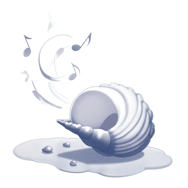 A large conch shell sits on a sandy beach. Musical notes, depicted as intricate symbols, are rising out of the shell and swirling into the air. The notes have a flowing appearance, creating a sense of movement as they drift upwards. The background features gentle waves lapping at the shore, and there are several small seashells scattered around the base of the conch.