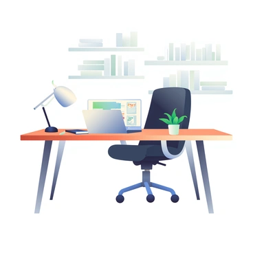 A stylish home office setup is displayed prominently in the image. The office features a sleek wooden desk with a modern design. On the desk, there is a silver laptop open and displaying a work application. A black ergonomic chair is positioned behind the desk. To the right of the laptop, there is a green potted plant, adding a touch of nature to the space. A stylish desk lamp with a white shade is illuminating the workspace. On the left side of the desk, a notebook with a black cover and a silver pen are neatly arranged. In the background, there are white shelves filled with books and decorative items, creating an organized and inspiring environment for remote work.