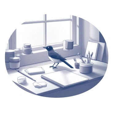 A fantail bird perched on a wooden table in a creative workspace. The bird's feathers are fanned out elegantly, showcasing its distinctive shape. Surrounding the fantail are various art supplies, including paintbrushes, jars of ink, and sketchbooks scattered across the table. A few crumpled sheets of paper lie nearby, suggesting ongoing artistic endeavors. Natural light filters in from a window, casting soft shadows across the workspace, highlighting the organized chaos of creativity.