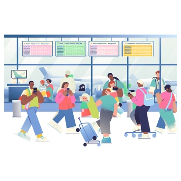 A bustling airport terminal is filled with travelers of various ethnicities and ages. Some are rushing through the terminal, while others are seated on benches, checking their phones or talking to companions. Large flight information screens display departure and arrival times in bright colors, listing various destinations. Luggage carts are scattered around, and a few travelers are pushing them along. In the background, airport staff are seen assisting passengers at check-in counters. Large windows let in natural light, showcasing the planes parked outside.