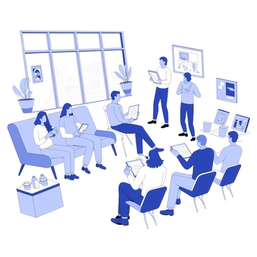 Illustrators are gathered in a chic loft in Atlanta for a creative industry networking event. They are seated at modern furniture, with some standing and engaging in conversation. Each illustrator has a sketchbook or tablet in hand, showing their artwork. The loft features large windows allowing natural light to pour in, illuminating the space. There are stylish decorations, including potted plants and contemporary art on the walls. A refreshments table is set up in one corner with drinks and snacks. The atmosphere conveys a sense of collaboration and inspiration.