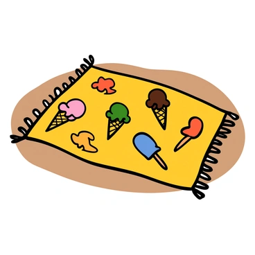 A beach towel spread out on the sand, featuring a fun pattern of colorful ice cream cones and popsicles. The ice cream cones are depicted with scoops of different flavors like pink, mint green, and chocolate brown, while the popsicles are designed in vibrant hues of red, blue, and yellow. The towel's background is a bright, sunny yellow that complements the lively colors of the ice cream treats. The scene conveys a joyful summer atmosphere, ready for a day at the beach.