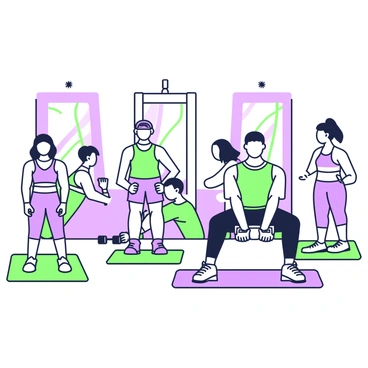 A diverse group of people is engaged in an intense workout session at a gym. The scene features individuals of various ethnicities and body types, all performing renegade rows on exercise mats. Each person is focused on their form, with some wearing colored athletic apparel. In the background, gym equipment such as dumbbells and resistance bands is visible, adding to the energetic atmosphere of the gym. The floor is marked with gym mats, and there are large mirrors reflecting the group’s movements. The lighting is bright and illuminates the determination on their faces as they work out together.