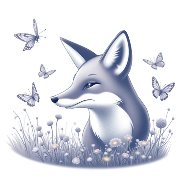 A fox head in close-up view, displaying its sharp features and pointed ears. The background features a meadow filled with various flowers and grasses. Surrounding the fox head are several butterflies fluttering around. The butterflies have distinct wing patterns and sizes, showcasing intricate designs. The scene conveys a bright and vibrant atmosphere with the sun illuminating the meadow.