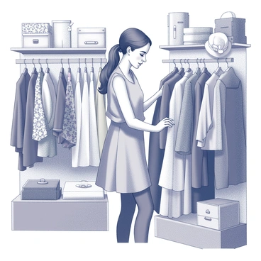 A woman is standing in a quaint shop, surrounded by racks filled with various vintage clothing items. She has long hair tied back in a loose ponytail. She is wearing a simple yet elegant dress. Her fingers are gently sifting through the fabrics as she examines different pieces. The shop features warm wooden shelves and soft lighting that creates a cozy atmosphere. There are colorful garments on the racks, including patterned dresses and classic jackets, all inviting her to explore further. Various accessories, such as hats and scarves, hang from nearby hooks.