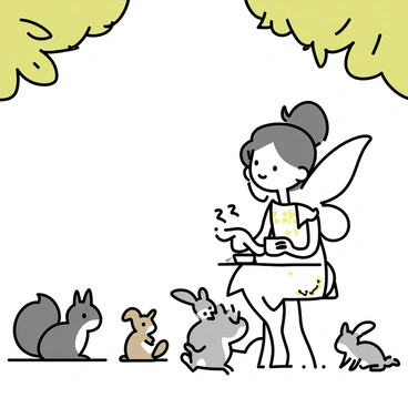 A tooth fairy with delicate wings and a sparkling dress is sitting on a small, round mushroom table. She holds a cup of tea with one hand, while a gentle smile appears on her face. Around her, various woodland creatures gather, including a curious squirrel and a couple of small rabbits. The scene is set in a lush green forest with soft sunlight filtering through the leaves above. Each creature is watching the tooth fairy with interest, creating a sense of camaraderie in this whimsical gathering.