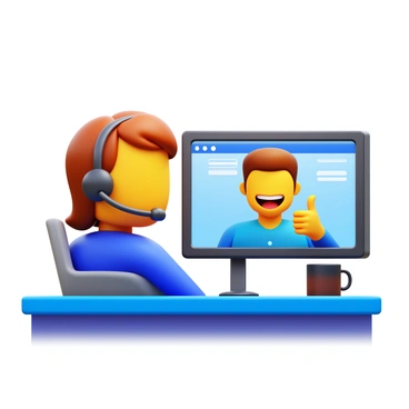 A customer service representative with a headset is sitting at a desk. The representative is smiling while speaking on the phone. The representative has short brown hair and is wearing a blue shirt. The happy customer, visible on a screen, has a beaming smile and is giving a thumbs-up. The background includes a computer monitor displaying customer information and a coffee cup on the desk.