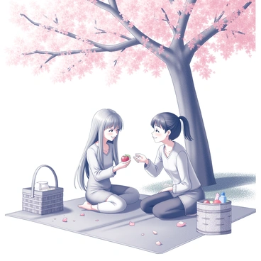 Kaede and Suzu are sitting on a picnic blanket spread out on the grass. They are surrounded by pink cherry blossom petals gently falling from the branches above. Kaede, with long flowing hair, is smiling as she hands a piece of fruit to Suzu, who has short hair tied in a playful ponytail. A wicker basket filled with various picnic items is placed next to them. In the background, the cherry blossom tree has a thick trunk and an abundance of flowers, creating a vibrant atmosphere. The sunlight filters through the leaves, casting playful shadows on the ground.