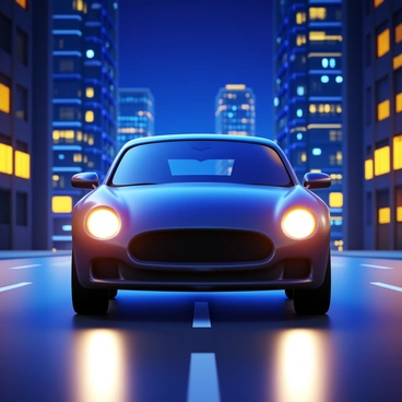 A car with sleek curves and shiny paint driving away on a city street. The headlights of the car are illuminating the dark road ahead. In the background, the city skyline is visible, adorned with bright, sparkling lights from tall buildings. Reflections of the city lights shimmer on the car's surface. The night sky is clear, adding to the vibrant atmosphere of the bustling city nightlife.