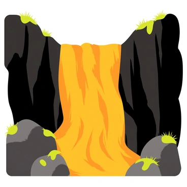 A vibrant orange molten lava waterfall pouring over jagged black rocks in a rugged landscape. The lava glows brightly as it flows, contrasting against the dark textures of the rocks. Surrounding the waterfall, scattered patches of green vegetation peek through the rocky terrain, adding a hint of color to the scene. The sky above is clear and bright, casting light on the flowing lava and highlighting the dynamic movement of the molten rock as it tumbles downwards.