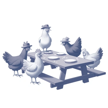 A group of chickens gathered around a picnic table with little hats