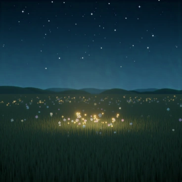 A vast field filled with tall green grass, gently swaying in the light breeze. The ground is dotted with clusters of wildflowers in various colors, adding vibrancy to the scene. Hundreds of fireflies are illuminating the field, their golden lights creating a magical glow in the dusk. Above, a deep blue sky is sprinkled with shimmering stars, some twinkling brightly while others form constellations. The atmosphere is calm and peaceful, with the faint outline of distant hills against the horizon.