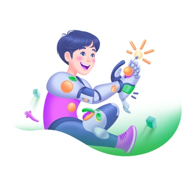 A child is joyfully playing with a "high-tech prosthetic arm" that features "colorful designs" and patterns. The child is sitting on a grassy lawn, smiling as they manipulate a colorful toy. The prosthetic arm is detailed with various buttons, lights, and textures, reflecting a modern, innovative design. Surrounding the child are scattered toys, and a soft sunlight casts gentle shadows, enhancing the playful atmosphere.